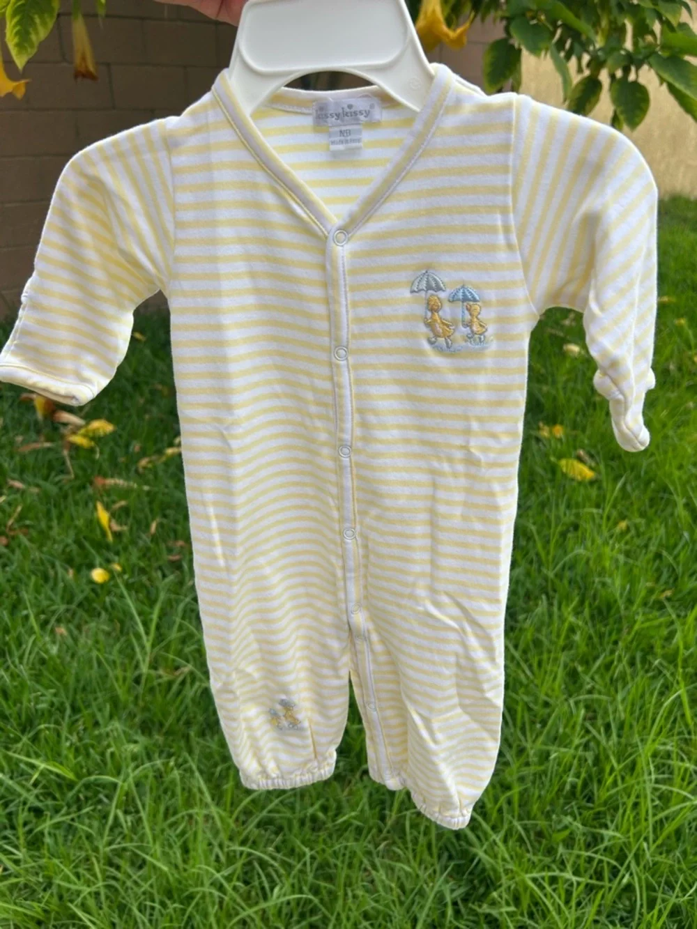 Kissy Kissy Yellow & White Striped Footie with Duck Embroidery